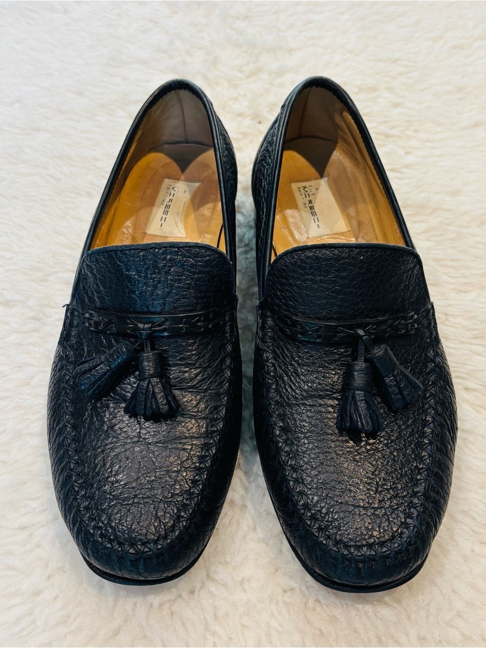 Vintage Genuine Cowhide Leather Italian  Black Tassel Leather Loafers size 9.5